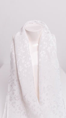 Silk scarf roses jacquard natural white – as cowl on mannequin, plain white background