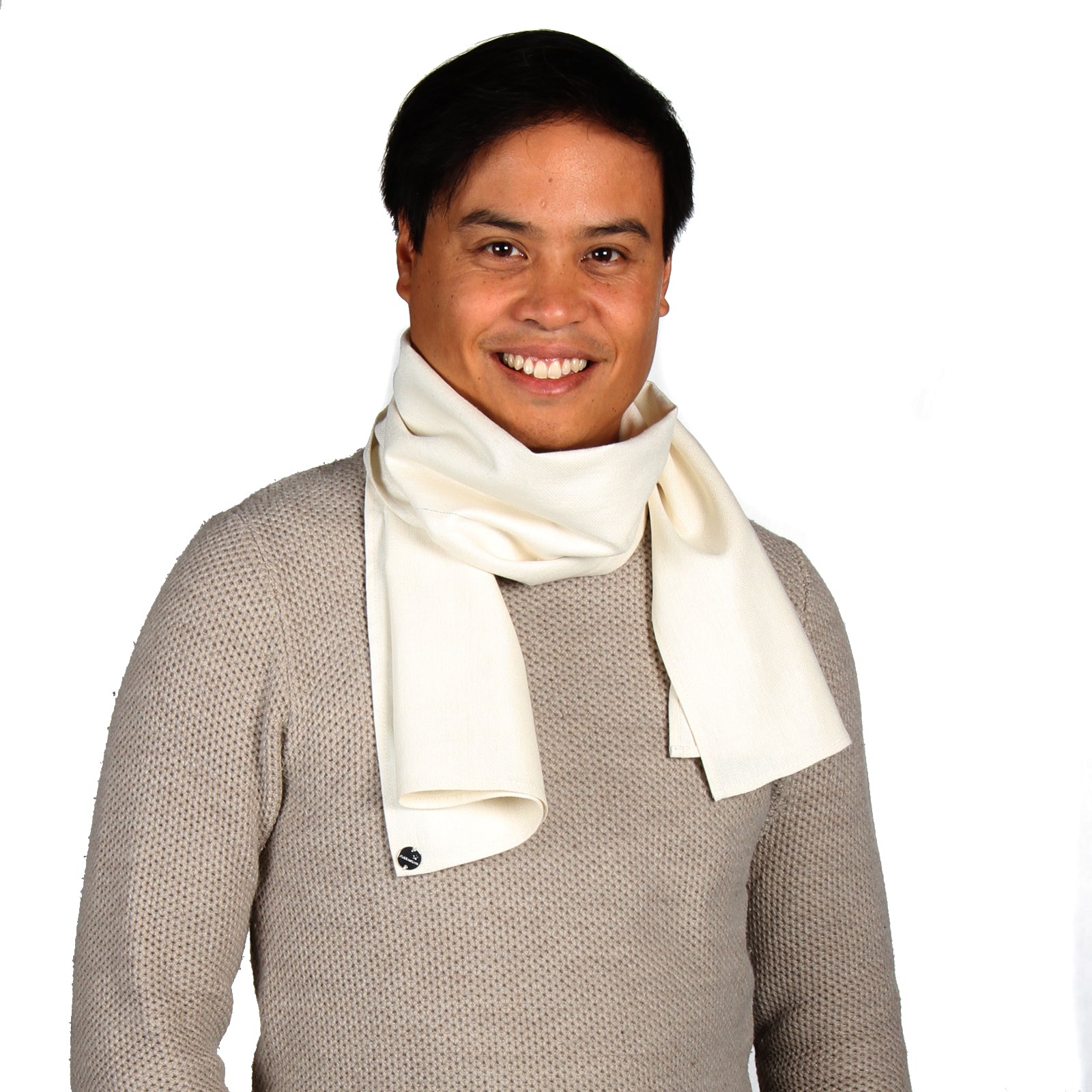 Silk scarf Matka natural white – man wearing scarf loosely around neck, half portrait smiling