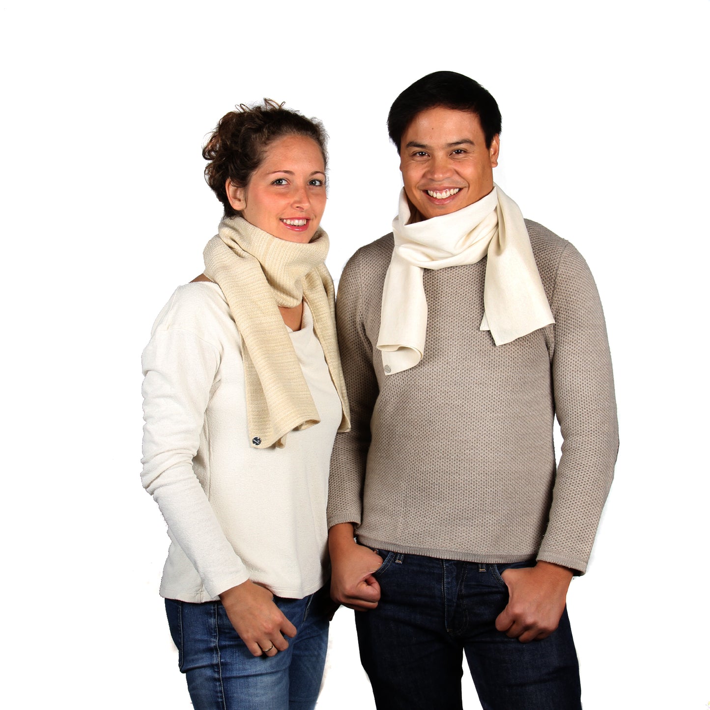 Peace Silk scarf – woman wearing Sahira cream and man wearing Matka natural white, front view