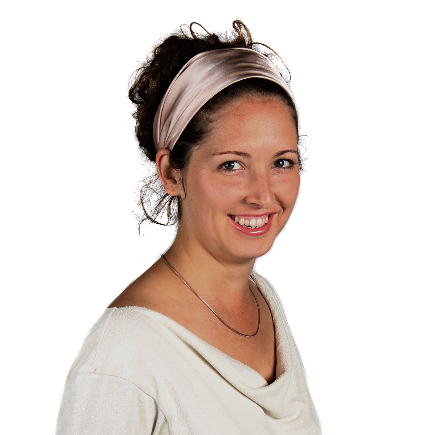 Peace Silk scarf satin blush pink – woman front portrait as wide headband, white top