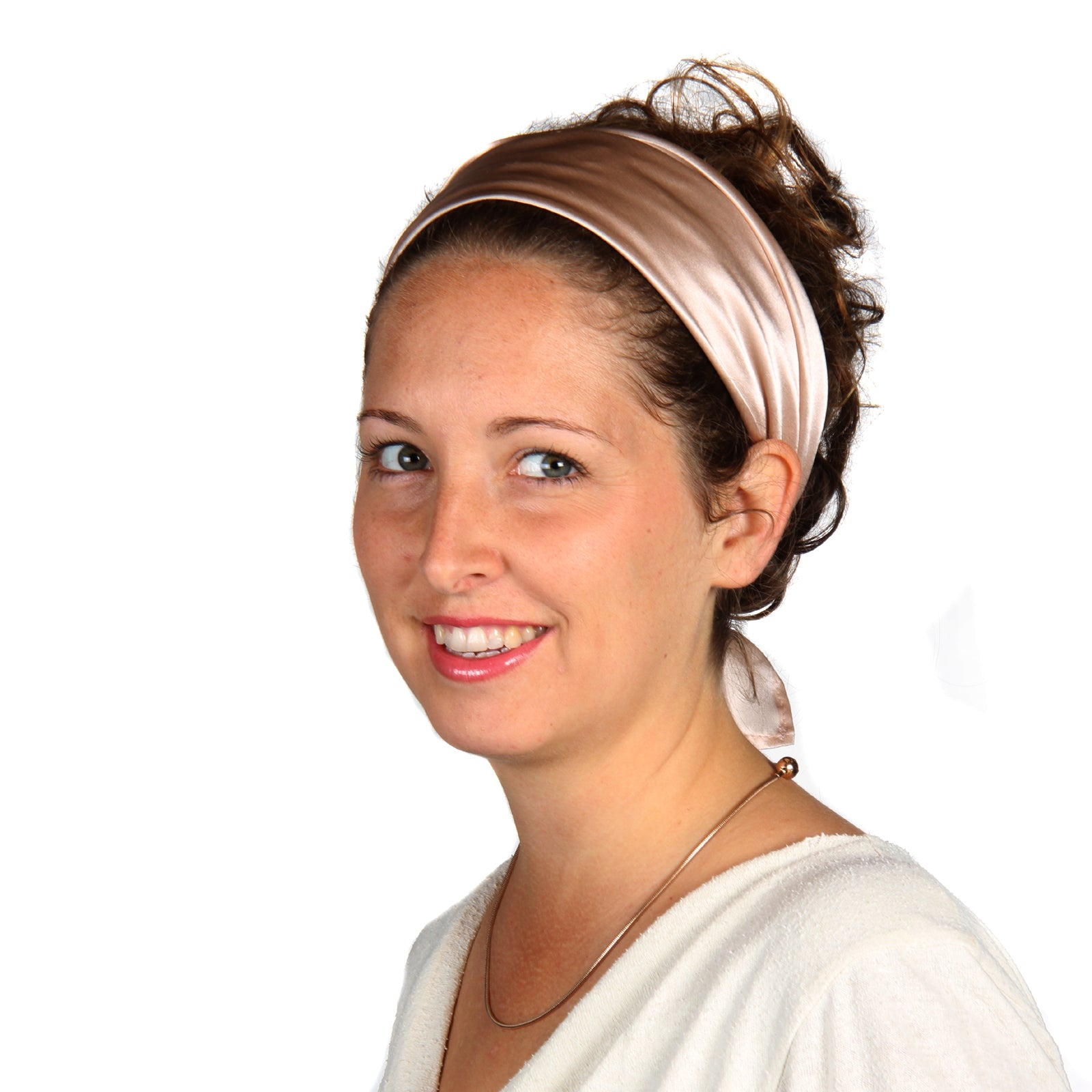 Peace Silk scarf satin blush pink – woman 3/4 side view, worn as headband, white top