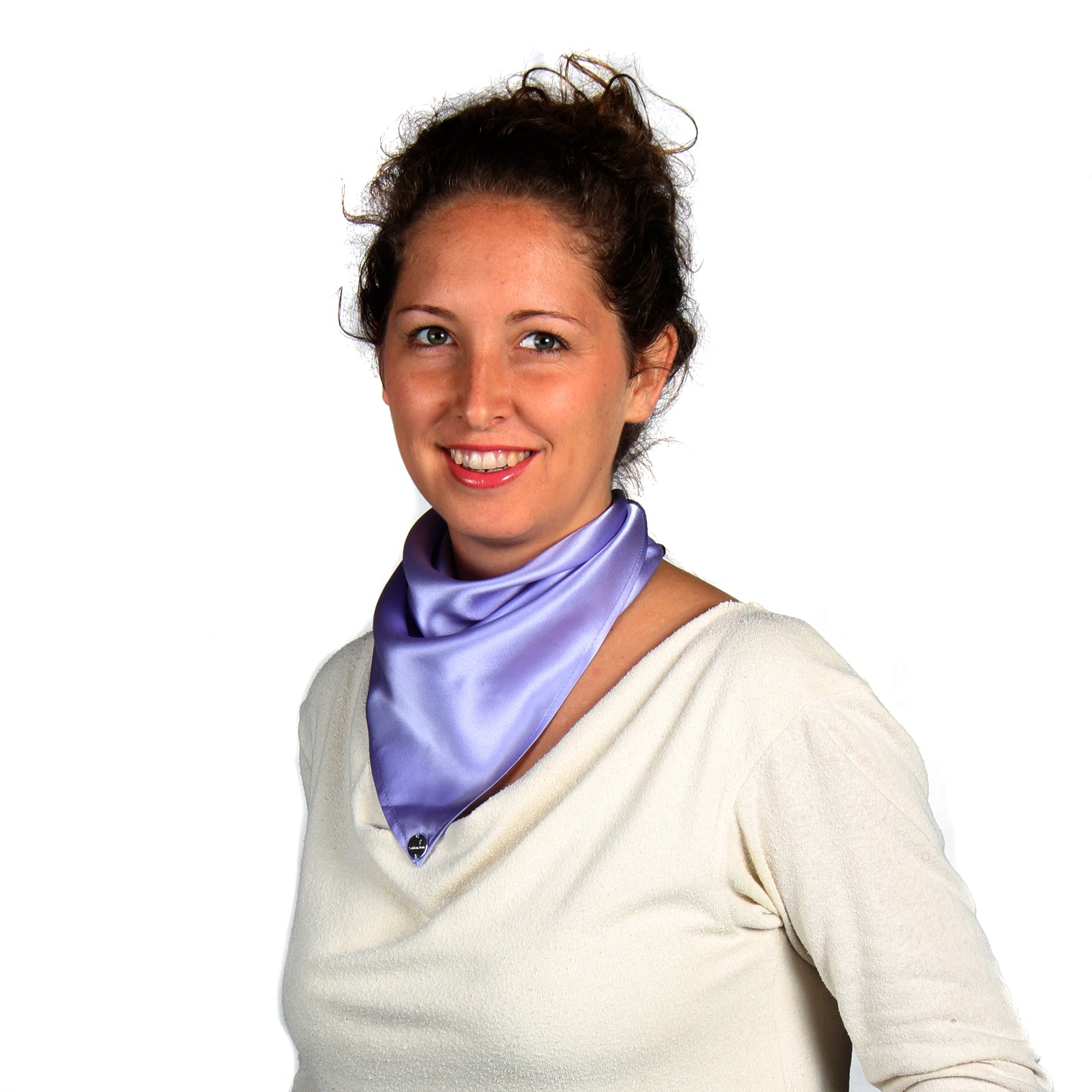 Peace Silk scarf satin lavender blue – woman front portrait as neck scarf, white top