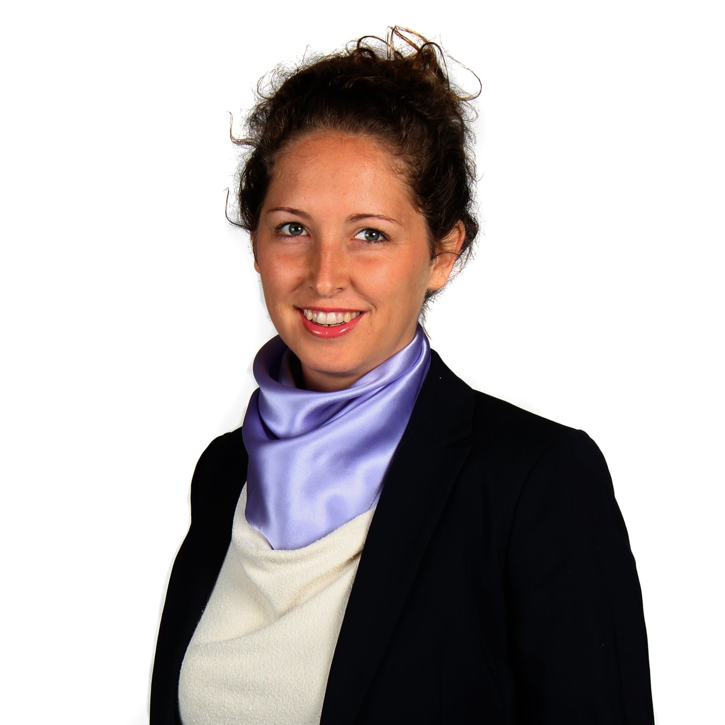 Peace Silk scarf satin lavender blue – woman front portrait as neck scarf, black blazer