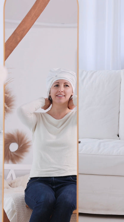 Seiden-Jersey Schlafhaube Turban • Tierleidfrei & Umweltfreundlich aus Peace Silk  • 100% Maulbeerseide • Haarschonend & Bequem • Naturweiß